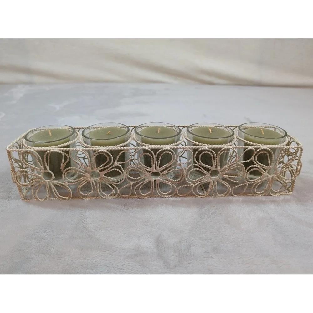Pier 1 Imports 5 Votive Candle Set Floral Metal Holder Cream Green‎ Boho Decor